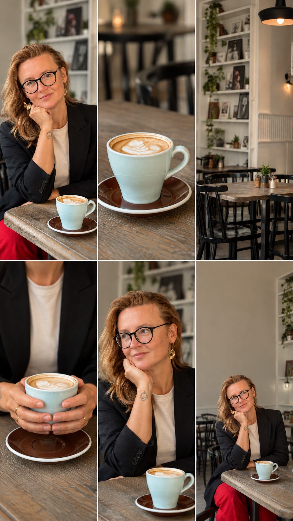 Sei immagini generate con AI dalla stessa foto: ritratti, tazza di caffè, dettagli del locale